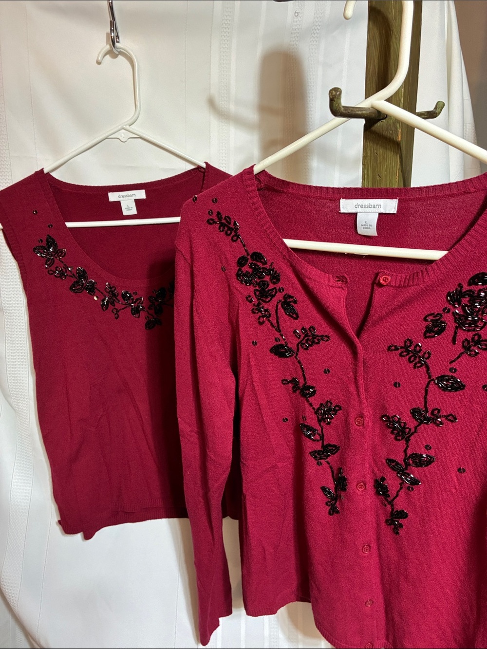 dressbarn Beaded Berry Red Cardigan and Shell Set